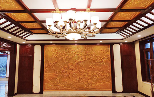 台山中式别墅客厅中式木作横梁吊顶装饰展示